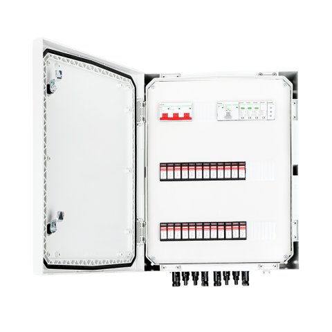 DC + AC biztonsági elosztó IP 66 1000V T1+2 túlfeszültséglevezetővel, 8x PV sztring, 8x MPPT // limited AC típus 1 + 2, 100A 3F, FR 100A, fázisjelzés