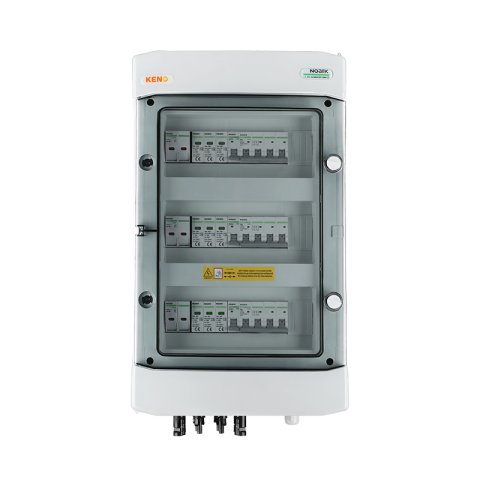 DC biztonsági elosztó Noark 1000 V túlfeszültség-levezetővel T1+2, 3 x PV string, 3 x MPPT, 6x védelmi trans. 25A, 3x DC 4P 50A 1000V, 3x 110V-415