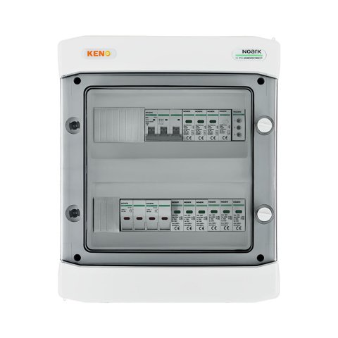 DC + AC biztonsági elosztó Noark 1000 V túlfeszültség-levezetővel T1+2, 2 x PV string, 2 x MPPT, védelmi trans. 4x15A // lim. AC Noark T1+2, 16A 3-F, fázisjelzés