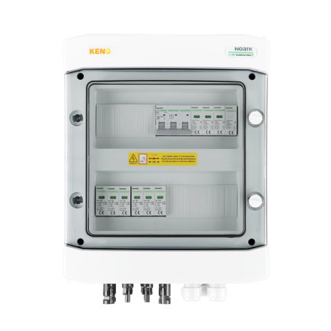 DC + AC biztonsági elosztó Noark 1000 V túlfeszültség-levezetővel T1+2, 2 x PV string, 2 x MPPT // lim. AC Noark T1+2, 25A 3-F,