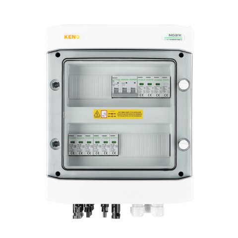 DC + AC biztonsági elosztó Noark 1000 V túlfeszültség-levezetővel T1+2, 4 x PV string, 2 x MPPT // lim. AC Noark T1+2, 40A 3-F,