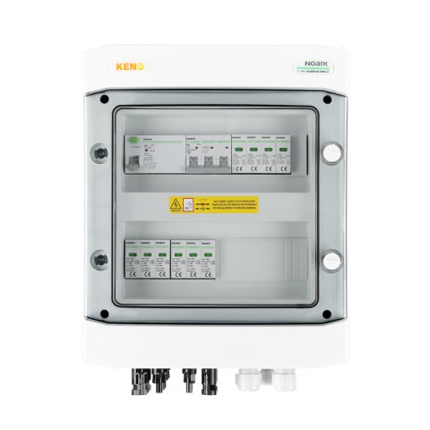 DC + AC biztonsági elosztó Noark 1000 V túlfeszültség-levezetővel T1+2, 4 x PV string, 2 x MPPT // lim. AC Noark T2, 63A 3-F, RCD 63A / 300mA
