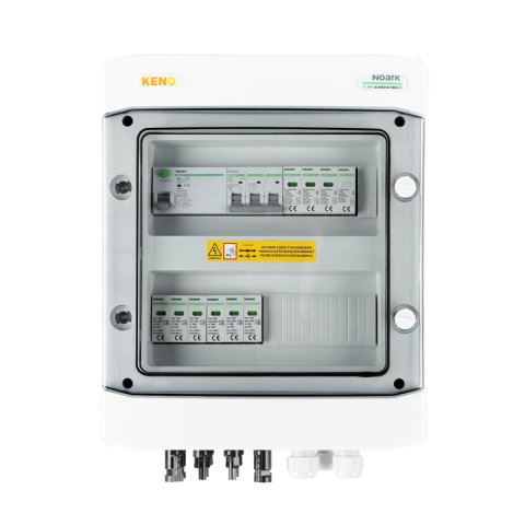 DC + AC biztonsági elosztó Noark 1000 V túlfeszültség-levezetővel T1+2, 2 x PV string, 2 x MPPT // lim. AC Noark T1+2, 32A 3-F, RCD 40A / 300mA