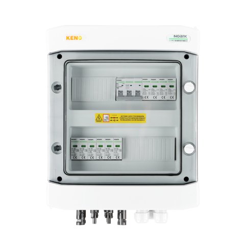 DC + AC biztonsági elosztó Noark 1000 V túlfeszültség-levezetővel T1+2, 2 x PV string, 2 x MPPT // lim. AC Noark T2, 10A 3-F