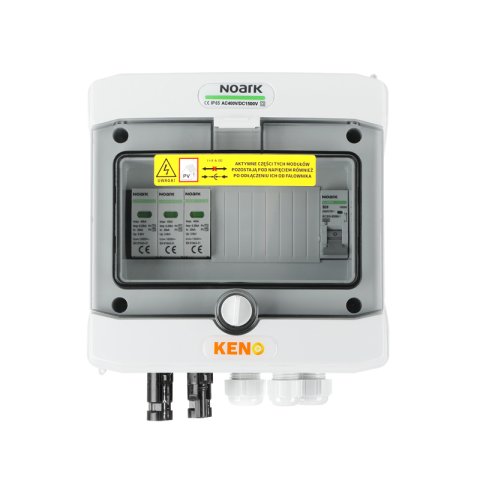 DC + AC biztonsági elosztó Noark 1000 V túlfeszültség-levezetővel T1+2, 1 x PV string, 1 x MPPT // 20A 3-F