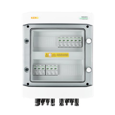 DC + AC biztonsági elosztó Noark 1000 V túlfeszültség-levezetővel T1+2, 6 x PV string, 4 x MPPT