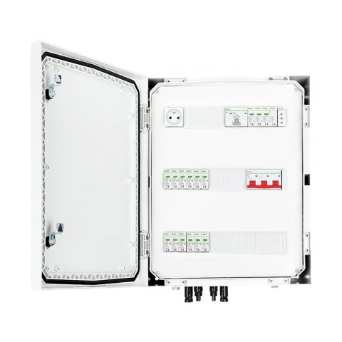 DC + AC biztonsági elosztó Noark 1000 V túlfeszültség-levezetővel T1+2, 4 x PV string, 4 x MPPT // lim. AC Noark T1+2, 100A 3-F, FR 100A, fázisjelzés + csatlakozó