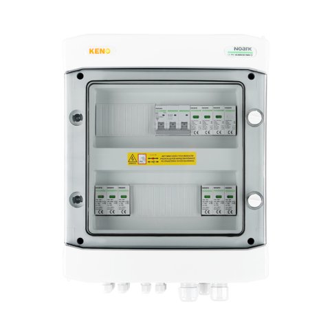 DC + AC biztonsági elosztó Noark túlfeszültség-levezetővel 1000V T1+2, 4 x PV string, 2 x MPPT // limited AC Noark T1+2, 50A 3-F (Solar Edge 30k)