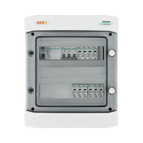 DC + AC biztonsági elosztó Noark túlfeszültség-levezetővel 1000V T1+2, 2 x PV string, 2 x MPPT // limited AC Noark T2, 20A 3-F, RCD A típus 40A / 300mA