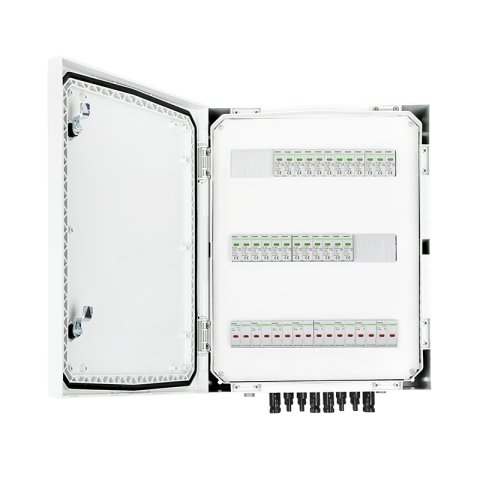 DC biztonsági elosztó IP 66 Noark túlfeszültség-levezetővel 1000V T1+2, 8 x PV string, 16 x védelmi trans. 20A