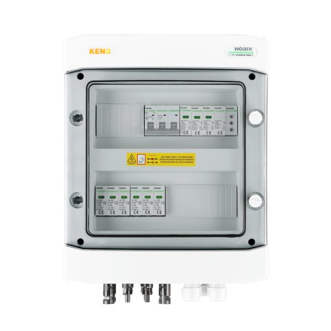 DC + AC biztonsági elosztó Noark túlfeszültség-levezetővel 1000V T1+2, 2 x PV string, 2 x MPPT // limited AC Noark T1+2, 16A 3-F + fázisjelzés