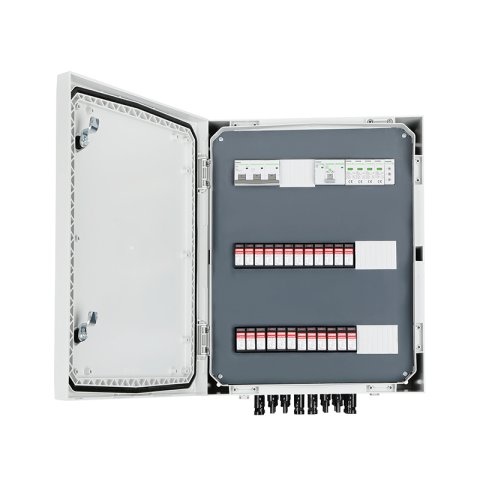 DC + AC biztonsági elosztó IP66 túlfeszültség-levezetővel T2, 8 x PV string, 8 x MPPT // lim. AC T2, 80A 3-F, FR 100A, fázisjelzés