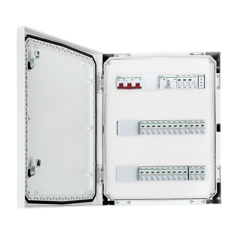 DC + AC IP66 biztonsági elosztó Noark 1000V-os túlfeszültség-levezetővel típus 1+2, 8x PV string, 8x MPPT // lim. Noark AC típus 1+2, 100A 3-F, FR 100A, fázisjelzés
