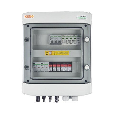DC+AC biztonsági elosztó 1000V-os túlfeszültség-levezetővel típus 2, 2x PV string, 2x MPPT, 4x15A túláram védelem // AC Túlfeszültség-levezető típus 2, 10A 3-F, fázisjelzés