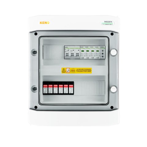 DC+AC biztonsági elosztó 1000V-os túlfeszültség-levezetővel típus 2, 2x PV string, 2x MPPT // AC Túlfeszültség-levezető típus 2, 16A 3-F, fázisjelzés