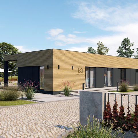E1 moduláris ház, CLT technológiával, egyszintes, hasznos alapterület 98,77 m2