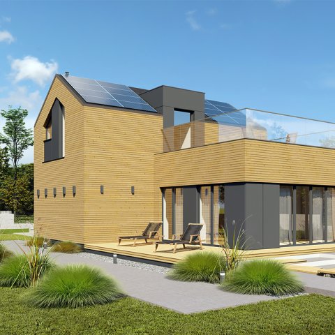 F1 moduláris ház, CLT technológiával, kétszintes, hasznos terület 94,32 m2