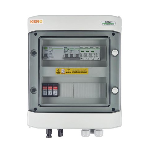 DC+AC biztonsági elosztó 1000V-os túlfeszültség-levezetővel típus 1+2, 1x PV string, 1x MPPT // AC Túlfeszültség-levezető típus 1+2, 16A 3-F, RCD 300mA típus A