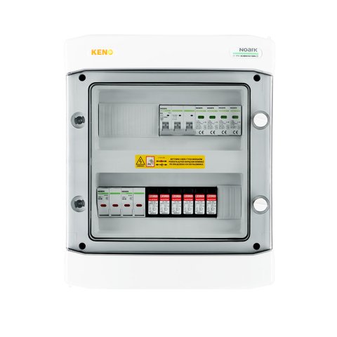 DC+AC biztonsági elosztó 1000V-os túlfeszültség-levezetővel típus 2, 2x PV string, 2x MPPT, túláram védelem 4x15A // AC Túlfeszültség-levezető típus 2, 16A 3-F