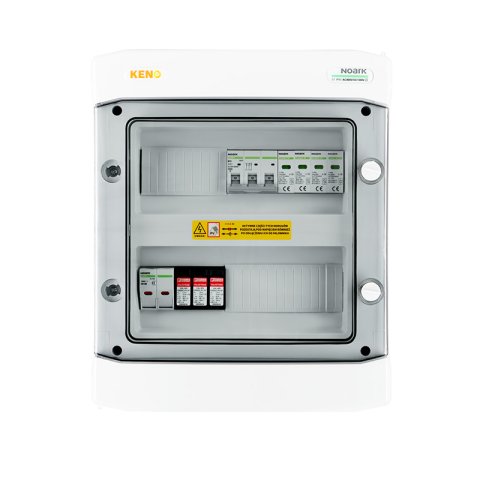 DC+AC biztonsági elosztó 1000V-os túlfeszültség-levezetővel típus 2, 1 x PV string, 1 x MPPT, 2x 15A túláram védelem // AC Túlfeszültség-levezető típus 2, 10A 3-F