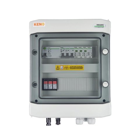 DC+AC biztonsági elosztó 1000V-os túlfeszültség-levezetővel típus 1+2, 1x PV string, 1x MPPT // AC Túlfeszültség-levezető típus 1+2, 10A 3-F, RCD 100mA típus A