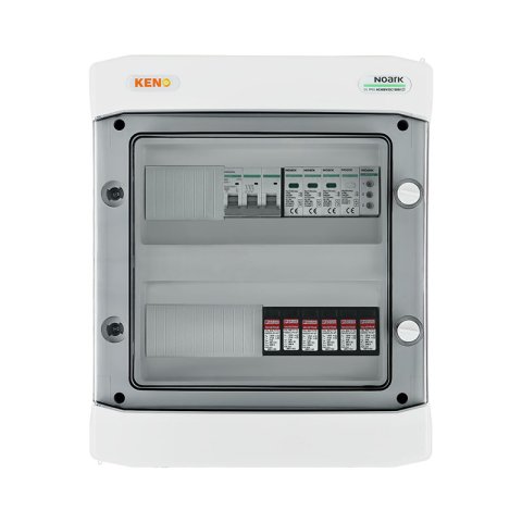 DC+AC biztonsági elosztó 1000V-os túlfeszültség-levezetővel típus 1+2, 2x PV string, 2x MPPT // AC túlfeszültség-levezető 1+2, 32A 3-F, fázisjelzés.