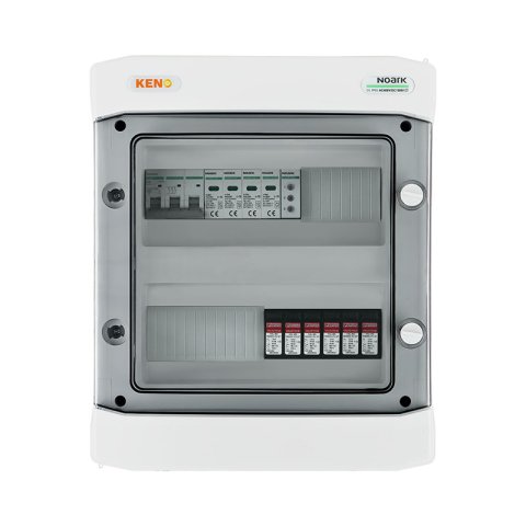 DC+AC biztonsági elosztó 1000V-os túlfeszültség-levezetővel típus 2, 2x PV string, 2x MPPT // AC Túlfeszültség-levezető típus 2, Kismegszakító 25A 3-F, fázisjelzés