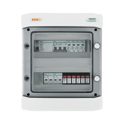 DC+AC biztonsági elosztó 1000V-os túlfeszültség-levezetővel típus 2, 2x PV string, 2x MPPT, túláram védelem 4x15A// AC Túlfeszültség-levezető típus 2, 16A 3-F, RCD 300mA típus A