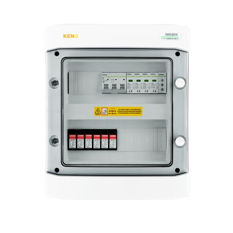 DC+AC biztonsági elosztó 1000V-os túlfeszültség-levezetővel típus 2, 2 x PV string, 2 x MPPT // AC Túlfeszültség-levezető típus 2, Kismegszakító 20A 3-F, fázisjelzés