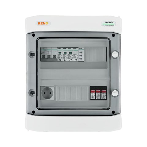 DC+AC biztonsági elosztó 1000V-os túlfeszültség-levezetővel típus 1+2, 1x PV string, 1x MPPT // AC Túlfeszültség-levezető típus 1+2, 16A 3-F, fázisjelzés + socket