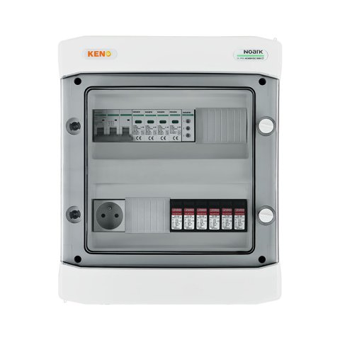DC+ AC biztonsági elosztó 1000V-os túlfeszültség-levezetővel típus 2, 2 x PV string, 2 x MPPT // AC Túlfeszültség-levezető típus 2, Kismegszakító 32A 3-F, fázisjelzés + socket