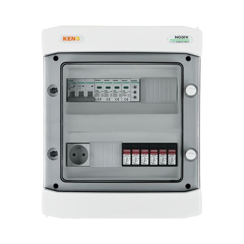 DC+ AC biztonsági elosztó 1000V-os túlfeszültség-levezetővel típus 2, 2 x PV string, 2 x MPPT // AC Túlfeszültség-levezető típus 2, Kismegszakító 40A 3-F, fázisjelzés + socket