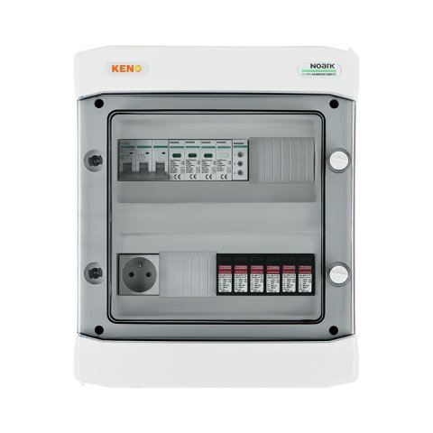 DC+ AC biztonsági elosztó 1000V-os túlfeszültség-levezetővel típus 1+2, 2 x PV string, 2 x MPPT // AC Túlfeszültség-levezető típus 1+2, Kismegszakító 32A 3-F, fázisjelzés + socket