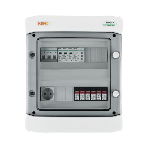DC+ AC biztonsági elosztó 1000V-os túlfeszültség-levezetővel típus 1+2, 2 x PV string, 2 x MPPT // AC Túlfeszültség-levezető típus 1+2, Kismegszakító 40A 3-F, fázisjelzés + socket