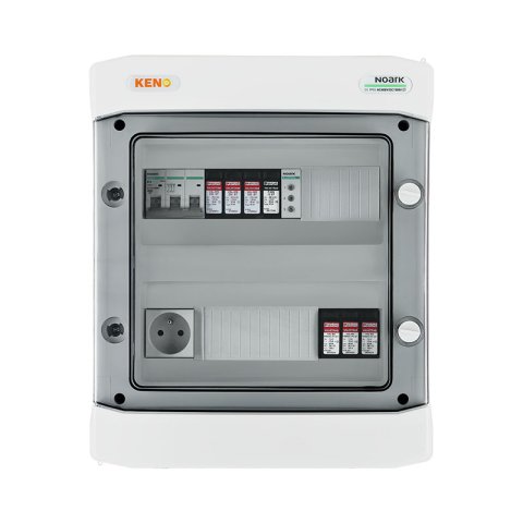 DC+ AC biztonsági elosztó Phoenix 1000V Túlfeszültség-levezető típus 2, 1 x PV string, 1 x MPPT // Phoenix Túlfeszültség-levezető típus 2, Kismegszakító 16A 3-F, fázisjelzés + socket
