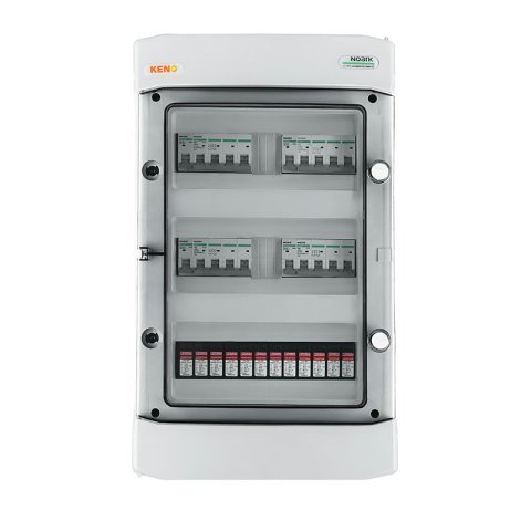 DC biztonsági elosztó 1000V-os túlfeszültség-levezetővel típus 2, 4x PV string, 4x MPPT, 4x DC 16A szakaszoló kapcsoló, 4x 110V-415V söntleválasztó