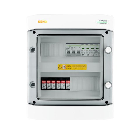 DC+AC biztonsági elosztó 1000V-os túlfeszültség-levezetővel típus 1+2, 2x PV string, 2x MPPT // AC Túlfeszültség-levezető típus 2, 10A 3-F