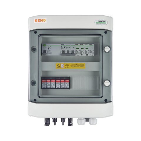 DC+AC biztonsági elosztó 1000V-os túlfeszültség-levezetővel típus 1+2, 2x PV string, 2x MPPT // AC Túlfeszültség-levezető típus 1+2, 10A 3-F, RCD 100mA típus A