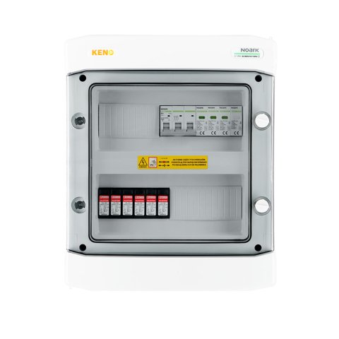 DC+ AC biztonsági elosztó 1000V-os túlfeszültség-levezetővel típus 2, 2 x PV string, 2 x MPPT // AC Túlfeszültség-levezető típus 1+2, Kismegszakító 16A 3-F