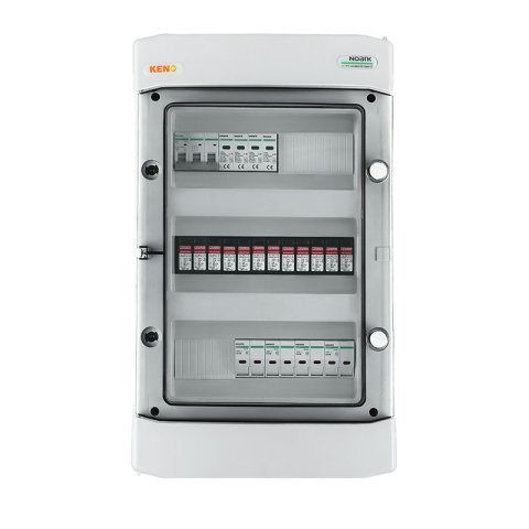 DC+AC biztonsági elosztó 1000V-os túlfeszültség-levezetővel típus 1+2, 4x PV string, 4x MPPT, 5x15A túláram védelem // AC Túlfeszültség-levezető típus 2, 25A 3-F