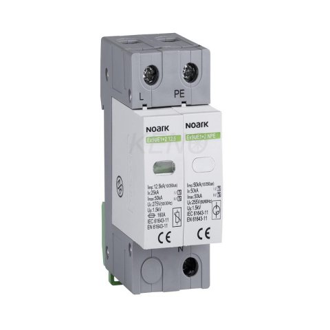 Túlfeszültség levezető, típus I+II, 275 V AC, 12.5 kA, cserélhető Olvadóbiztosíték, 1+N-pólusú.