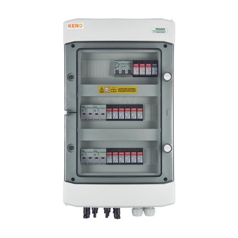 DC+ AC biztonsági elosztó 1000V-os túlfeszültség-levezetővel típus 1+2, 4x PV string, 4x MPPT, túláram védelem 8x15A // AC Túlfeszültség-levezető típus 1+2, 50A 3-F