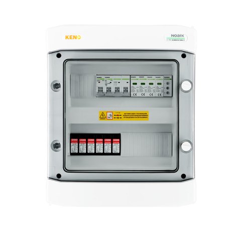 DC+ AC biztonsági elosztó 1000V-os túlfeszültség-levezetővel típus 2, 2 x PV string, 2 x MPPT // AC Túlfeszültség-levezető típus 2, Kismegszakító 32A 3-F, 110-415 V söntleválasztó, fázisjelzés