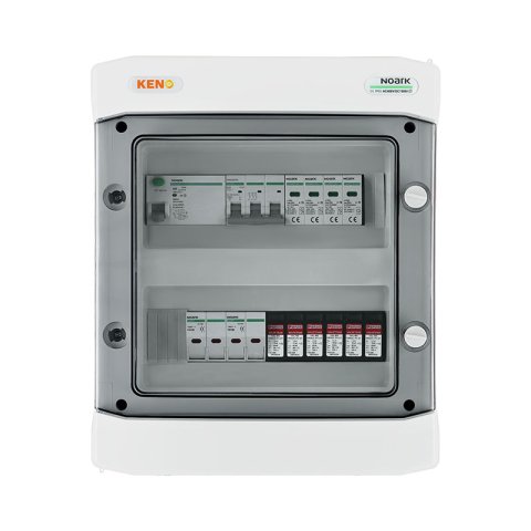 DC+ AC biztonsági elosztó 1000V-os túlfeszültség-levezetővel típus 2, 2 x PV string, 2 x MPPT, túláram védelem 4x15A // AC Túlfeszültség-levezető típus 2, Kismegszakító 25A 3-F, RCD 100mA