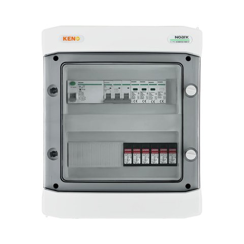 DC+AC biztonsági elosztó 1000V-os túlfeszültség-levezetővel típus 1+2, 2 x PV string, 2 x MPPT // AC Túlfeszültség-levezető típus 1+2, 50A 3-F, RCD 63A/300mA típus A