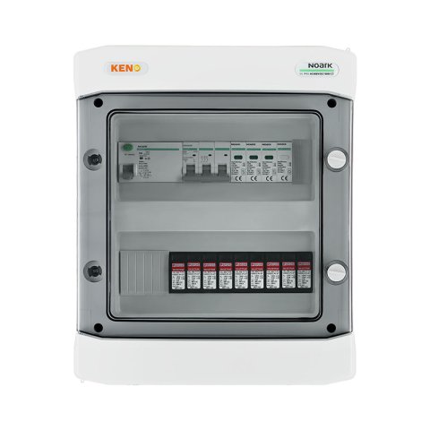 DC+AC biztonsági elosztó 1000V-os túlfeszültség-levezetővel típus 1+2, 3x PV string, 3x MPPT // AC Túlfeszültség-levezető típus 1+2, 50A 3-F, RCD 63A/300mA típus A