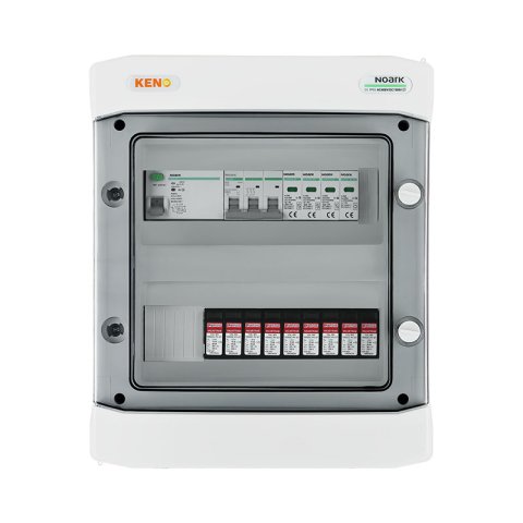 DC+AC biztonsági elosztó 1000V-os túlfeszültség-levezetővel típus 2, 3 x PV string, 3 x MPPT // AC Túlfeszültség-levezető típus 2, Kismegszakító 32A 3-F, RCD típus A 40A/300ma