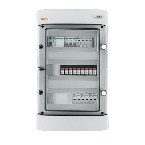 DC+AC biztonsági elosztó 1000V-os túlfeszültség-levezetővel típus 2, 3 x PV string, 3 x MPPT, túláram védelem 6x15A // AC Túlfeszültség-levezető típus 2, Kismegszakító 32A 3-F, RCD típus A 40A/300ma