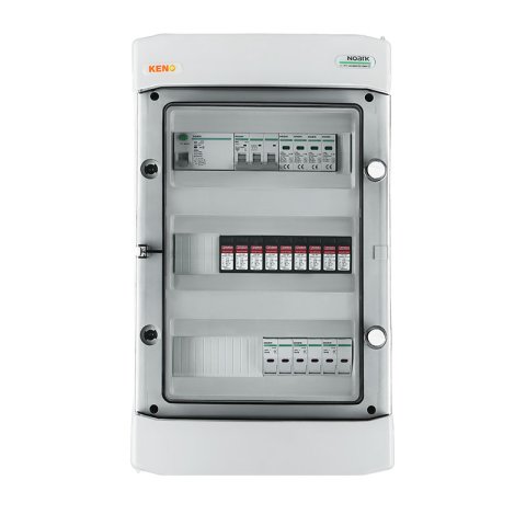 DC+AC biztonsági elosztó 1000V-os túlfeszültség-levezetővel típus 2, 3 x PV string, 3 x MPPT, túláram védelem 6x15A // AC Túlfeszültség-levezető típus 2, Kismegszakító 40A 3-F, RCD típus A 40A/300ma