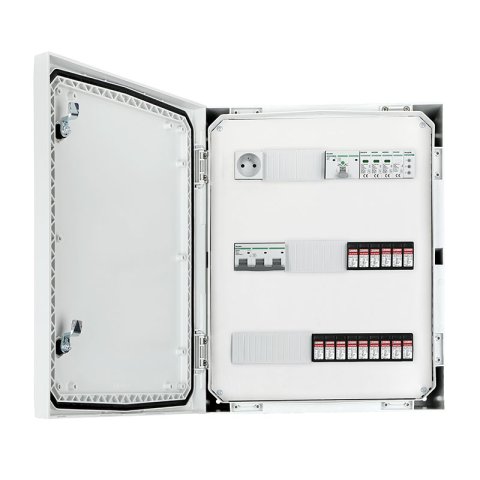 DC+AC IP 66 biztonsági elosztó DC 1000V Túlfeszültség-levezető típus 1+2, 5x PV string, 5x MPPT // AC Túlfeszültség-levezető típus 1+2, 80A 3F, FR 100A, fázisjelzés + socket